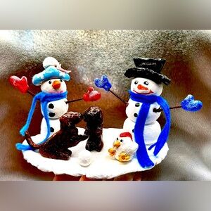 Snowman and Dog , chicken Winter clay Figurine